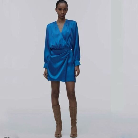 Zara Satin Effect Long Sleeve Front Wrap Mini Dress - Picture 1 of 6